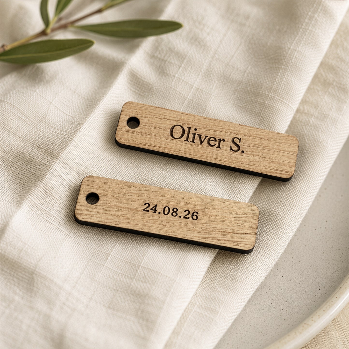 Personalised Oak Wedding Place Name Tag | Engraved Wooden Keepsake & Keyring