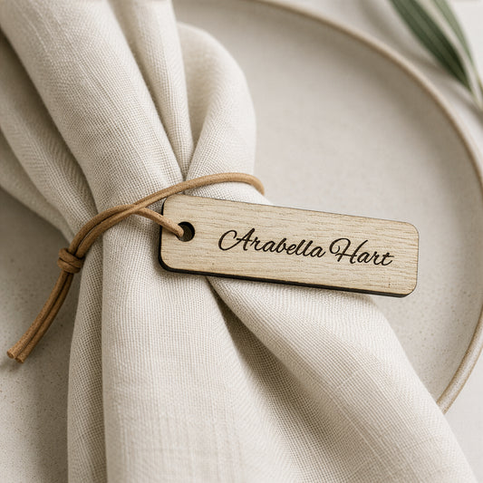 Personalised Oak Wedding Place Name Tag | Engraved Wooden Keepsake & Keyring