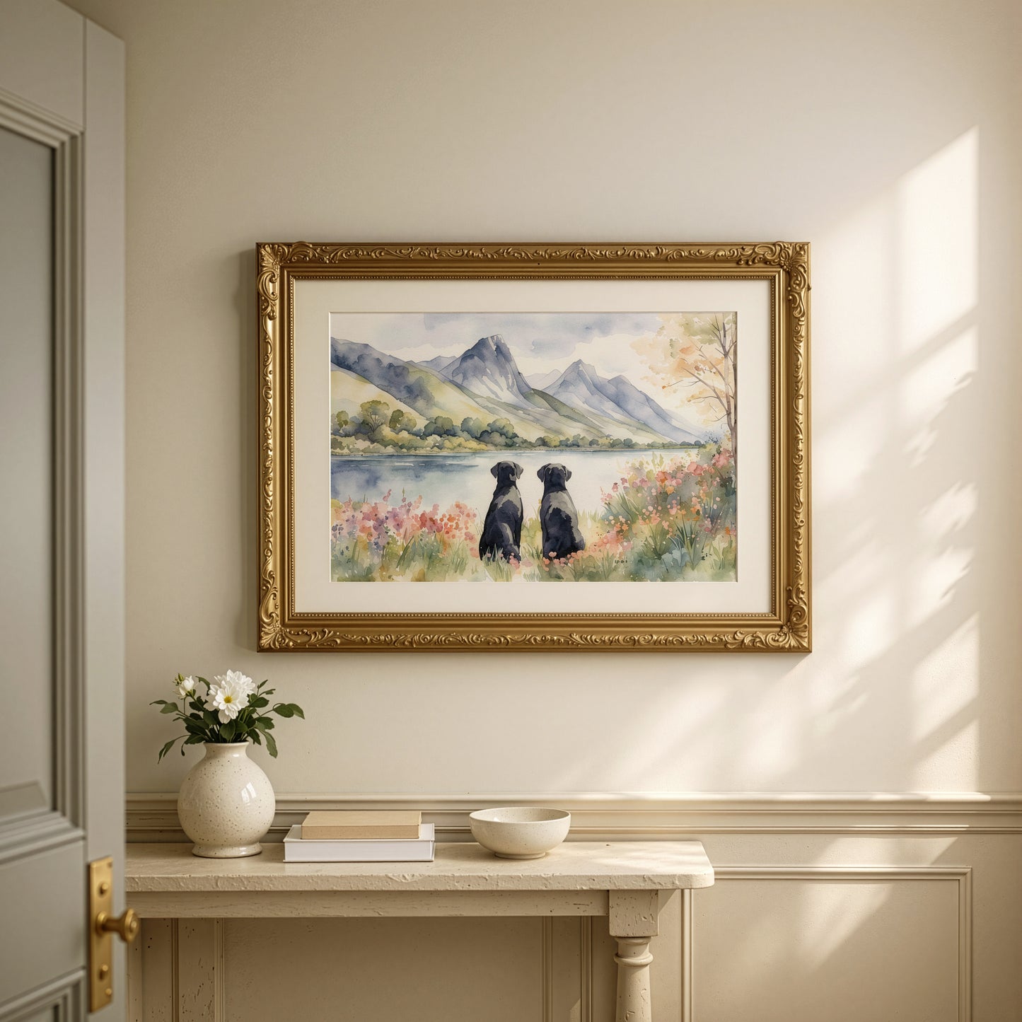 Two Black Labradors Watercolour Print, Lake & Mountain Landscape Wall Art, Fine Art Giclée Poster, Pet Memorial Gift