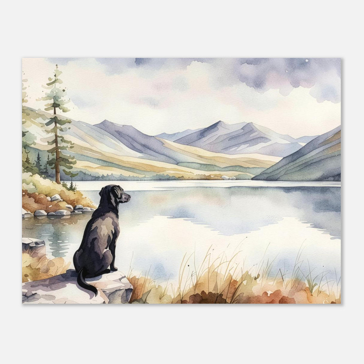 Labrador Watercolour Print, Lake & Mountain Landscape Wall Art, Fine Art Giclée Poster, Pet Memorial Gift