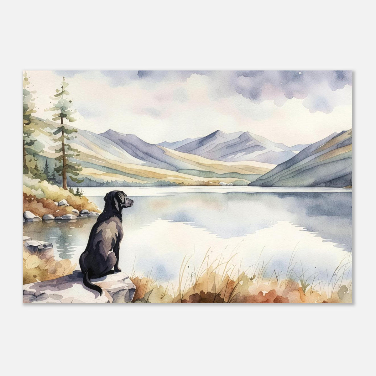 Labrador Watercolour Print, Lake & Mountain Landscape Wall Art, Fine Art Giclée Poster, Pet Memorial Gift