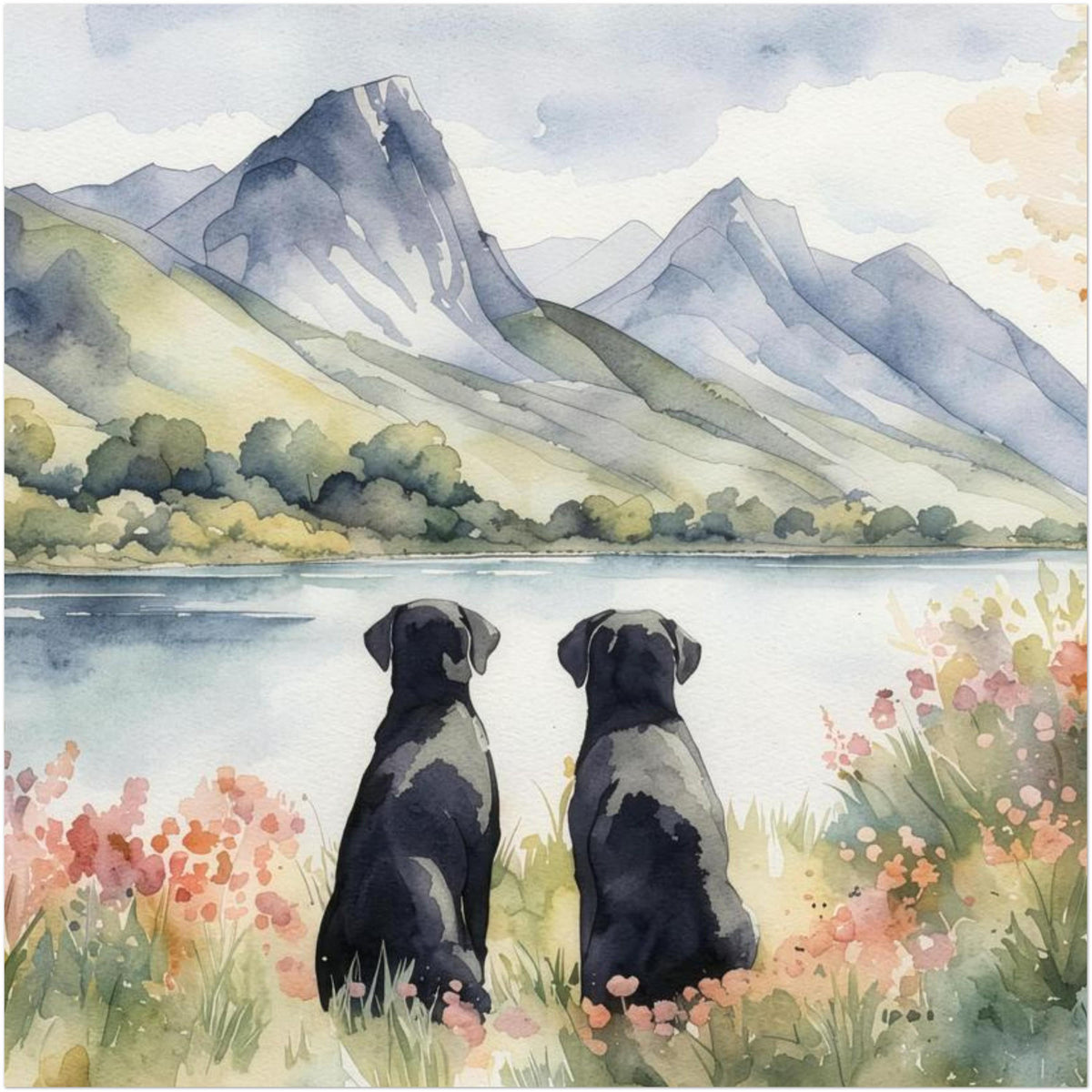 Two Black Labradors Watercolour Print, Lake & Mountain Landscape Wall Art, Fine Art Giclée Poster, Pet Memorial Gift