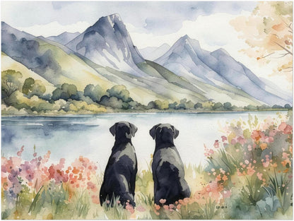 Two Black Labradors Watercolour Print, Lake & Mountain Landscape Wall Art, Fine Art Giclée Poster, Pet Memorial Gift