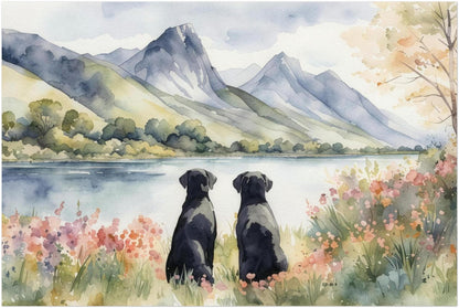 Two Black Labradors Watercolour Print, Lake & Mountain Landscape Wall Art, Fine Art Giclée Poster, Pet Memorial Gift
