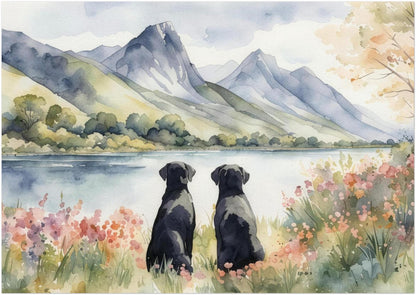 Two Black Labradors Watercolour Print, Lake & Mountain Landscape Wall Art, Fine Art Giclée Poster, Pet Memorial Gift