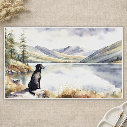 Labrador Watercolour Print, Lake & Mountain Landscape Wall Art, Fine Art Giclée Poster, Pet Memorial Gift