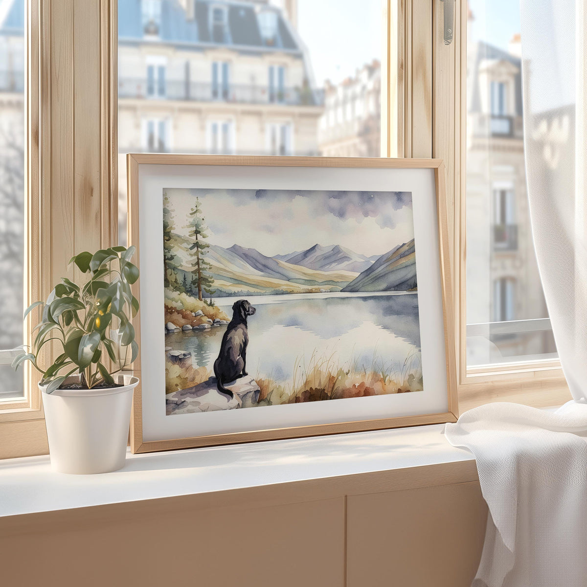 Labrador Watercolour Print, Lake & Mountain Landscape Wall Art, Fine Art Giclée Poster, Pet Memorial Gift