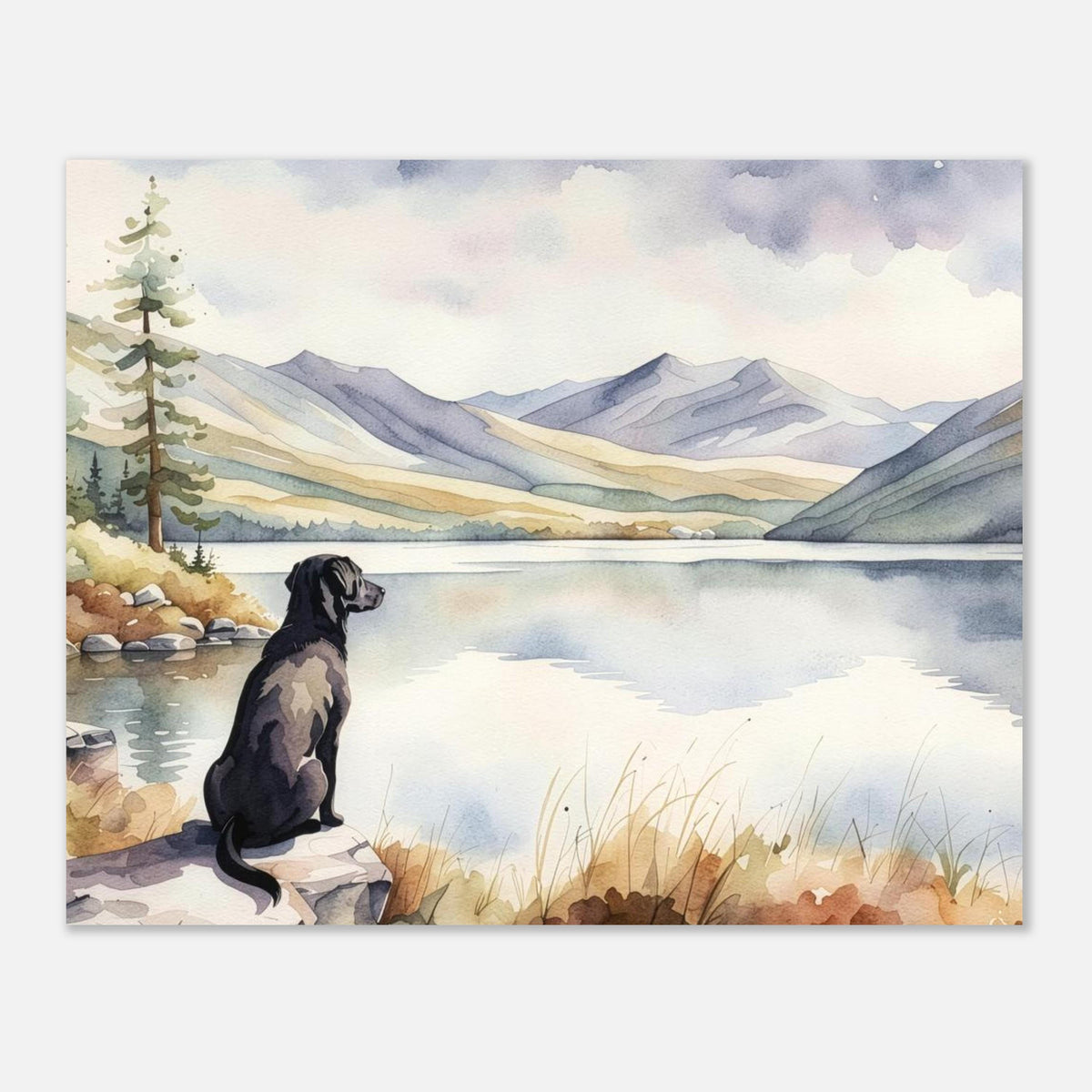 Labrador Watercolour Print, Lake & Mountain Landscape Wall Art, Fine Art Giclée Poster, Pet Memorial Gift