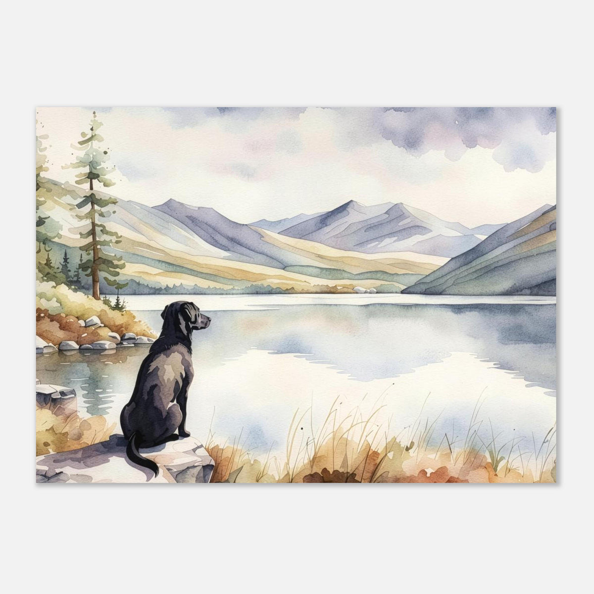 Labrador Watercolour Print, Lake & Mountain Landscape Wall Art, Fine Art Giclée Poster, Pet Memorial Gift