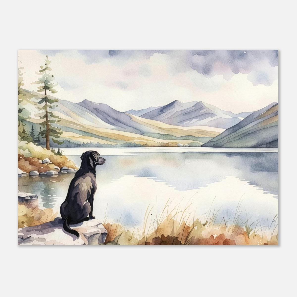 Labrador Watercolour Print, Lake & Mountain Landscape Wall Art, Fine Art Giclée Poster, Pet Memorial Gift