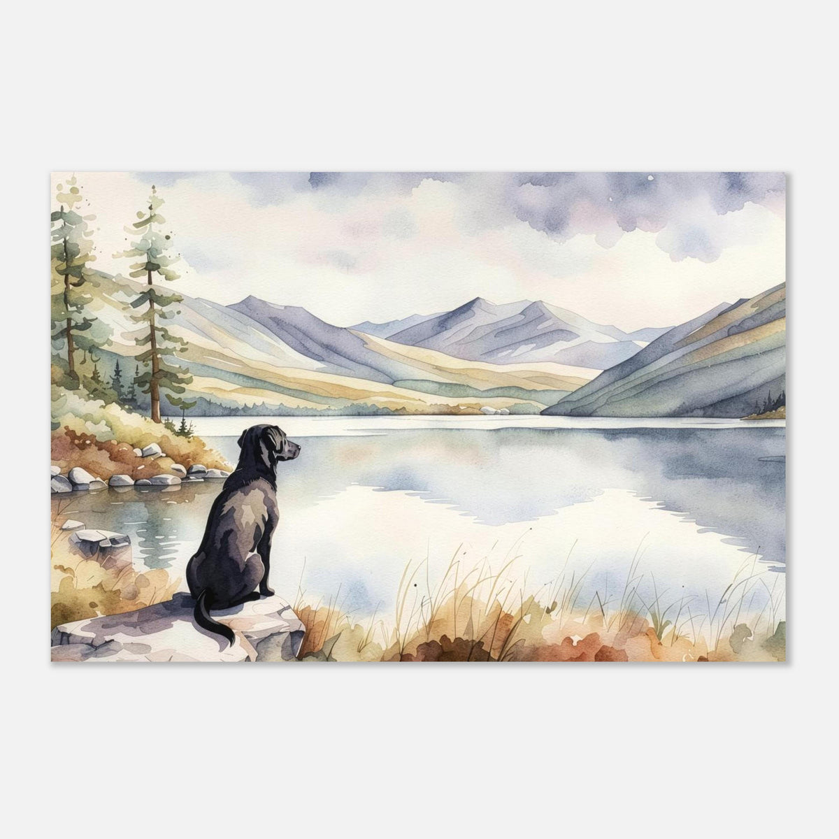 Labrador Watercolour Print, Lake & Mountain Landscape Wall Art, Fine Art Giclée Poster, Pet Memorial Gift