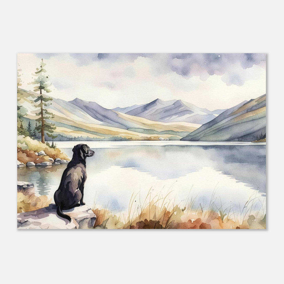 Labrador Watercolour Print, Lake & Mountain Landscape Wall Art, Fine Art Giclée Poster, Pet Memorial Gift