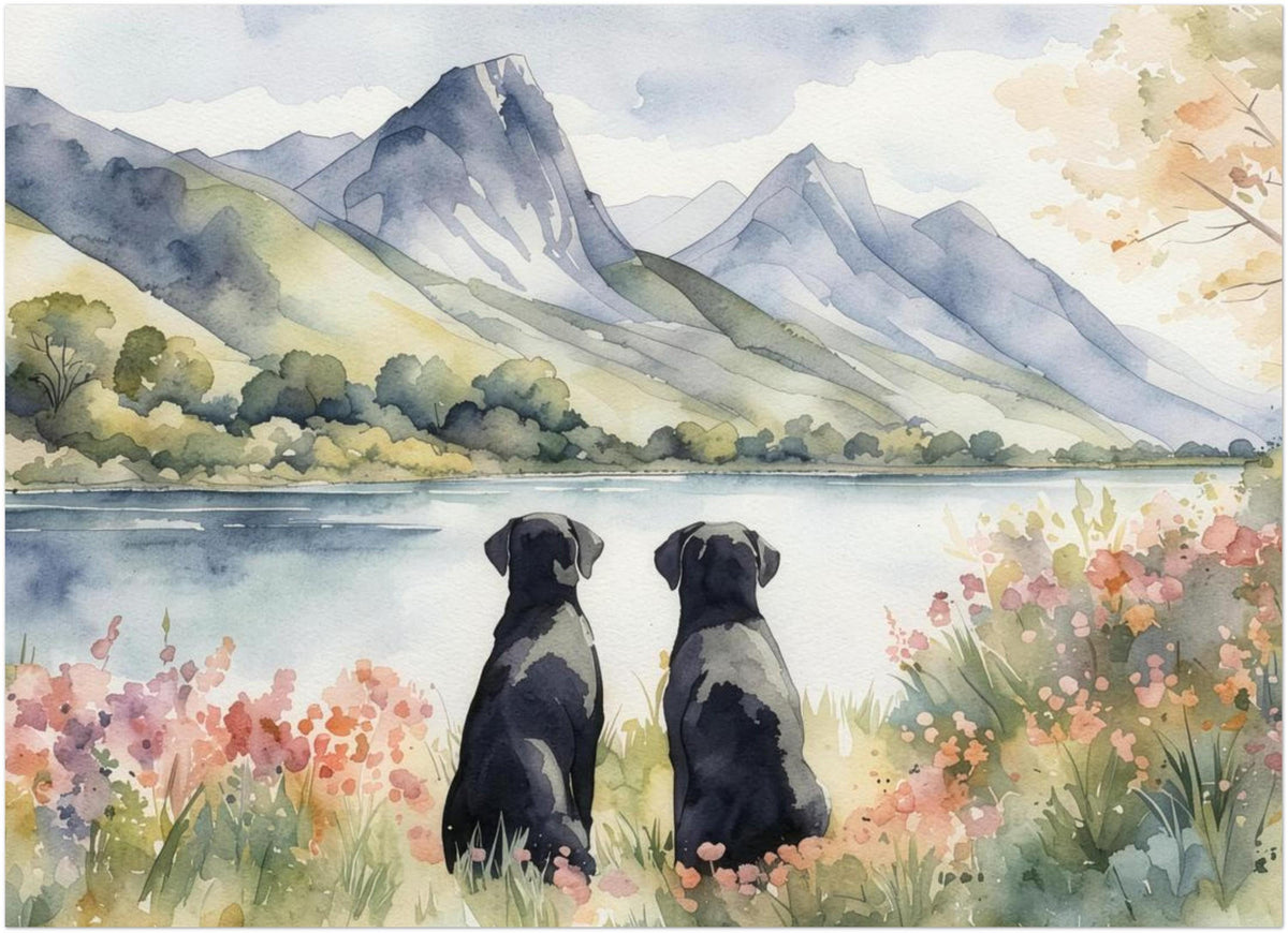 Two Black Labradors Watercolour Print, Lake & Mountain Landscape Wall Art, Fine Art Giclée Poster, Pet Memorial Gift
