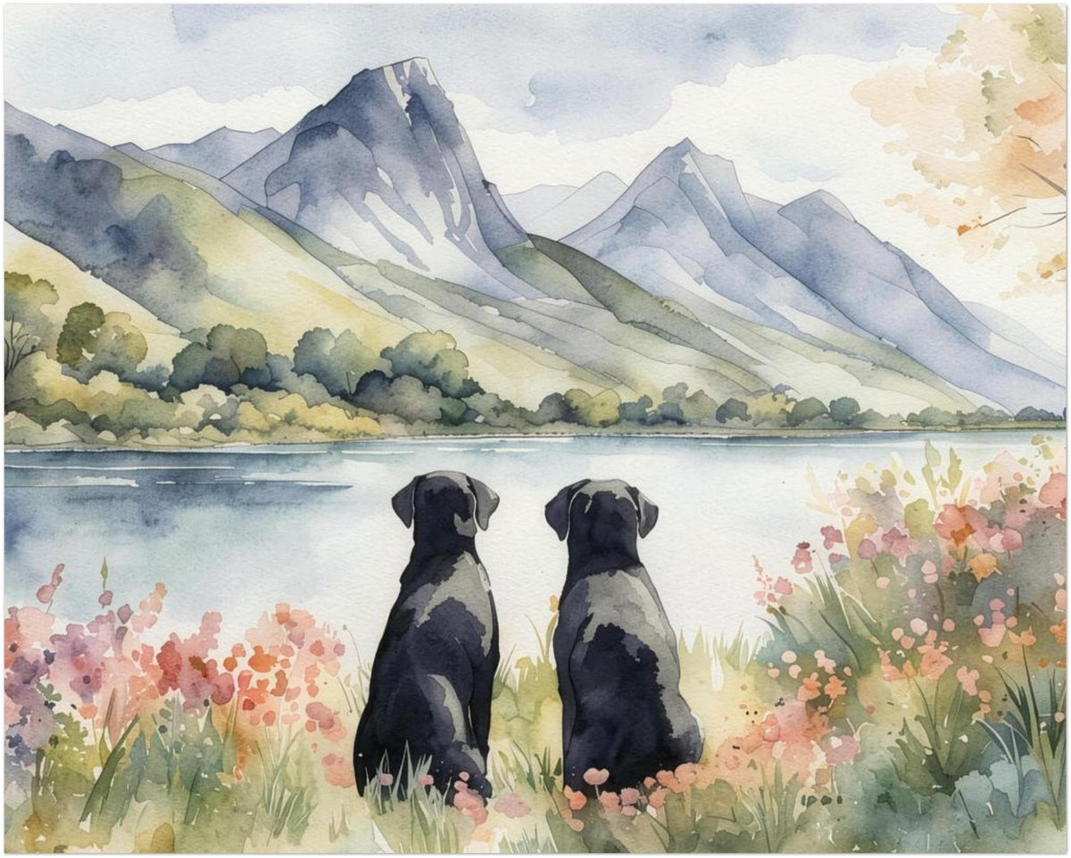 Two Black Labradors Watercolour Print, Lake & Mountain Landscape Wall Art, Fine Art Giclée Poster, Pet Memorial Gift