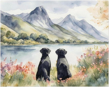 Two Black Labradors Watercolour Print, Lake & Mountain Landscape Wall Art, Fine Art Giclée Poster, Pet Memorial Gift