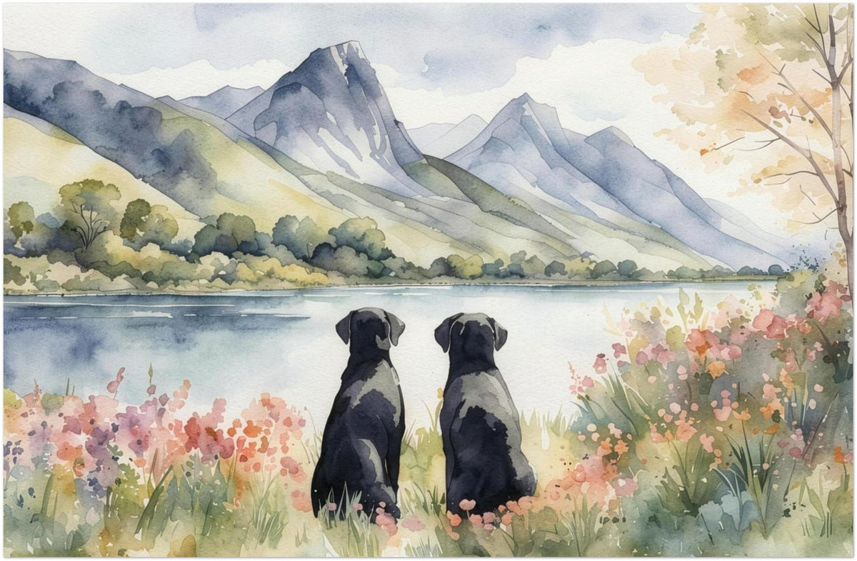 Two Black Labradors Watercolour Print, Lake & Mountain Landscape Wall Art, Fine Art Giclée Poster, Pet Memorial Gift