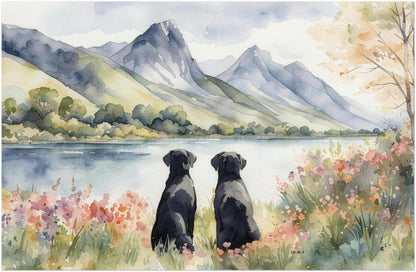 Two Black Labradors Watercolour Print, Lake & Mountain Landscape Wall Art, Fine Art Giclée Poster, Pet Memorial Gift