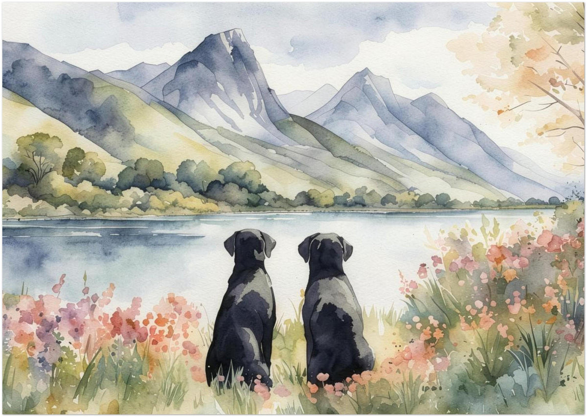 Two Black Labradors Watercolour Print, Lake & Mountain Landscape Wall Art, Fine Art Giclée Poster, Pet Memorial Gift