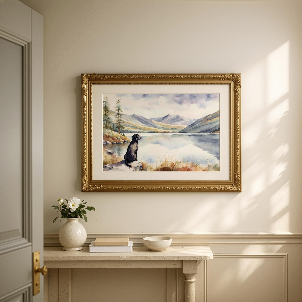 Labrador Watercolour Print, Lake & Mountain Landscape Wall Art, Fine Art Giclée Poster, Pet Memorial Gift