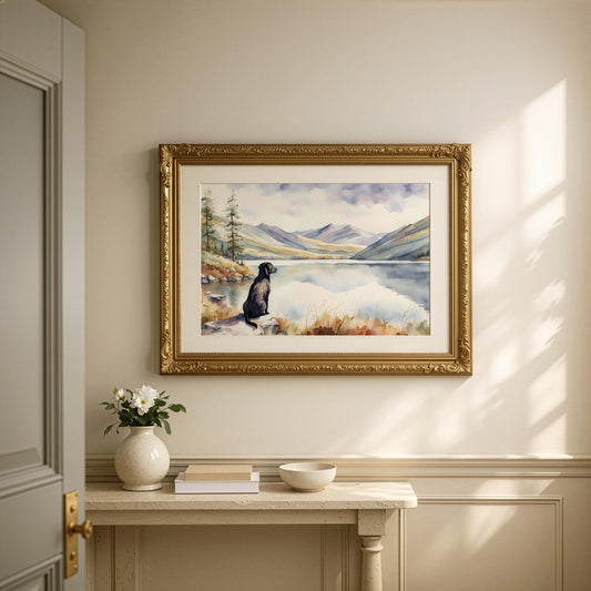 Labrador Watercolour Print, Lake & Mountain Landscape Wall Art, Fine Art Giclée Poster, Pet Memorial Gift