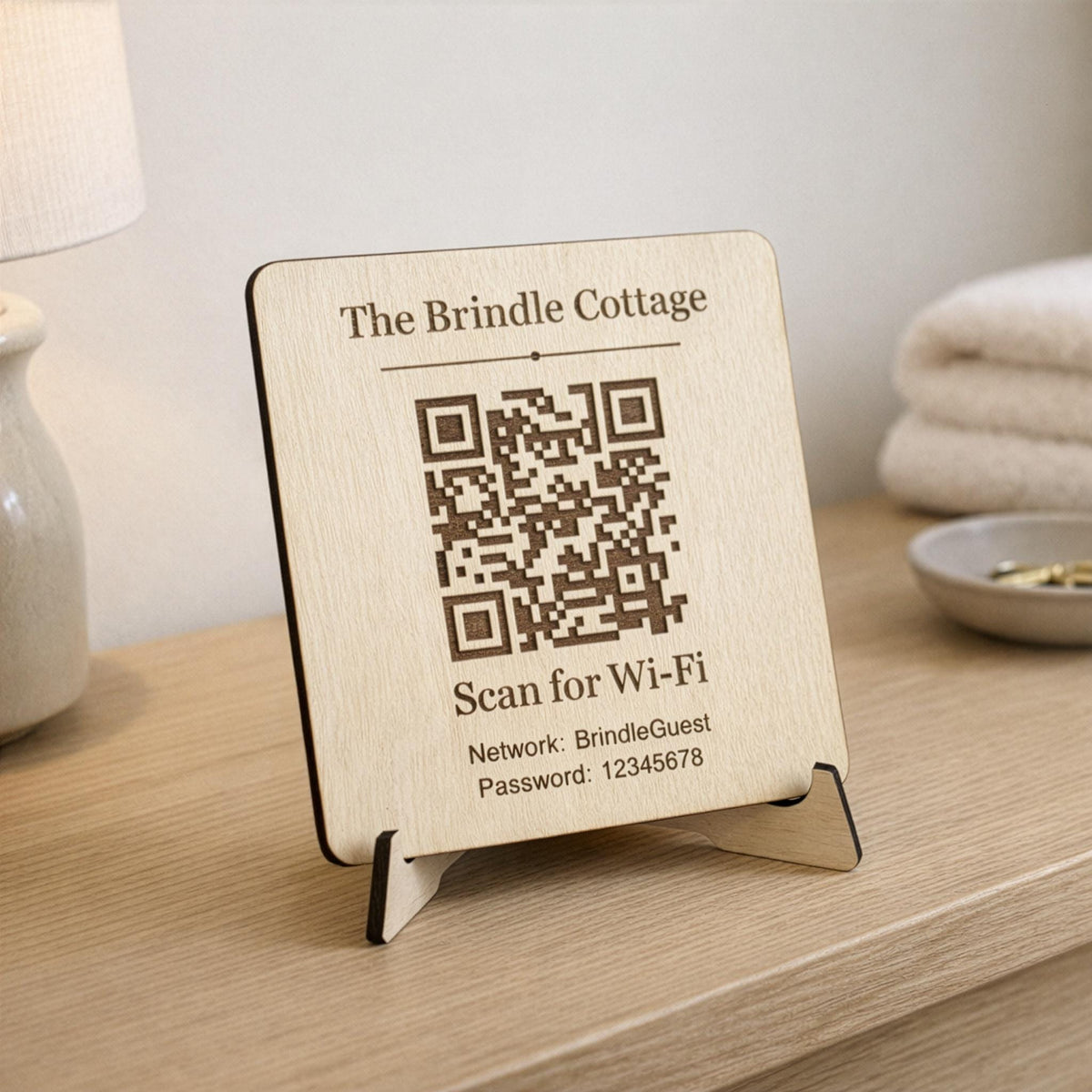 Personalised Wooden WiFi QR Sign with Stand, Engraved Wood WiFi Plaque, QR Code Sign for Home, Shop, Café, Holiday Let or Business