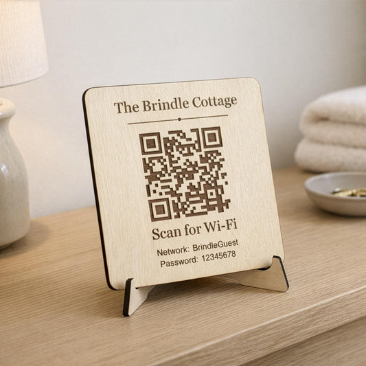 Personalised Wooden WiFi QR Sign with Stand, Engraved Wood WiFi Plaque, QR Code Sign for Home, Shop, Café, Holiday Let or Business