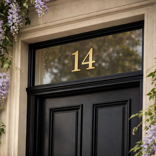 House Number Sticker for Fanlight/Transom Window | Custom Vinyl Door Numbers | Metallic & Mirror Gold/Silver, Frosted