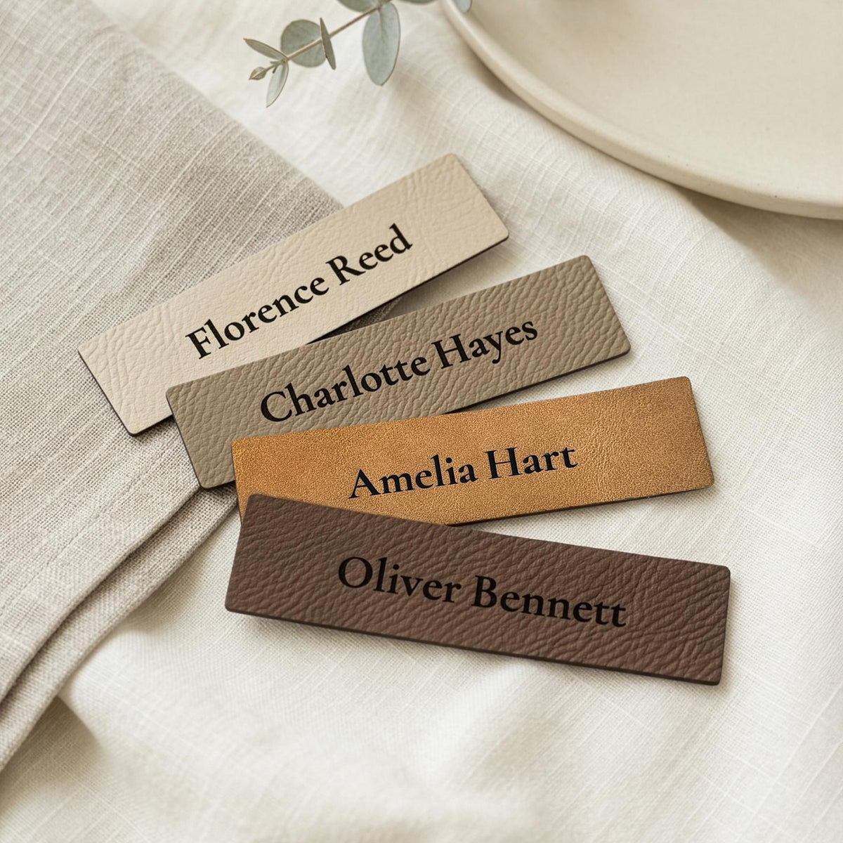 Personalised Faux Leather Place Names, Engraved Wedding Place Cards, Vegan Leather Name Tags, Table Setting Labels
