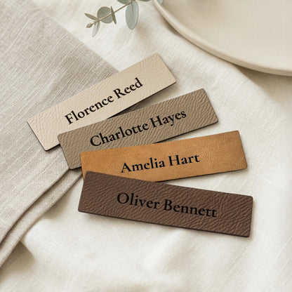Personalised Faux Leather Place Names, Engraved Wedding Place Cards, Vegan Leather Name Tags, Table Setting Labels