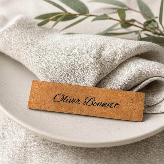 Personalised Faux Leather Place Names, Engraved Wedding Place Cards, Vegan Leather Name Tags, Table Setting Labels