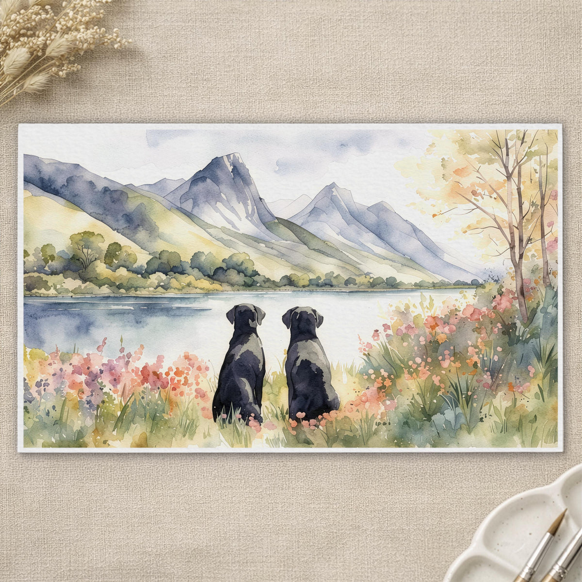 Two Black Labradors Watercolour Print, Lake & Mountain Landscape Wall Art, Fine Art Giclée Poster, Pet Memorial Gift
