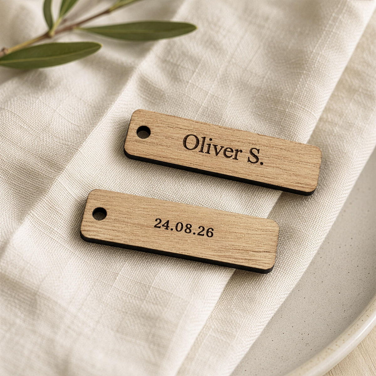 Personalised Wooden Wedding Place Names | Engraved Oak Name Tags | Double-Sided Place Cards & Keepsake Wedding Favours