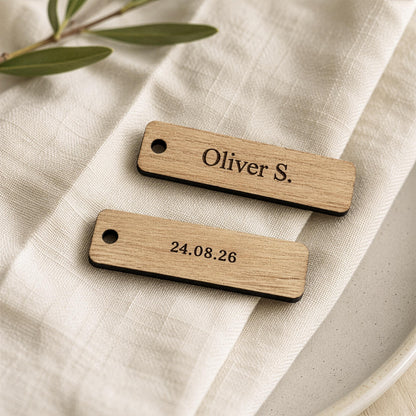 Personalised Wooden Wedding Place Names | Engraved Oak Name Tags | Double-Sided Place Cards & Keepsake Wedding Favours