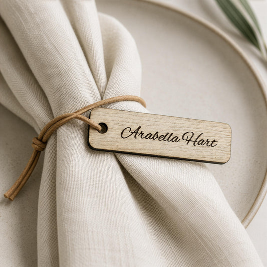 Personalised Wooden Wedding Place Names | Engraved Oak Name Tags | Double-Sided Place Cards & Keepsake Wedding Favours