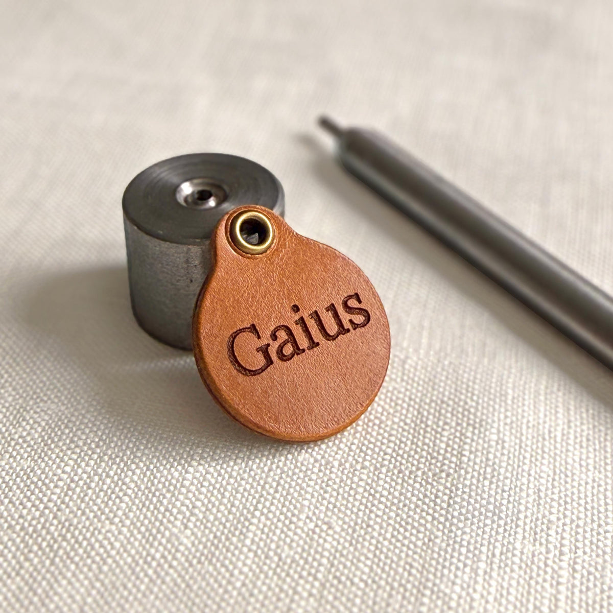 May include: A round tan leather tag featuring the embossed name Gaius, a brass-coloured metal eyelet at the top, a cylindrical metal tool base, and a long, thin, silver-coloured metal rod positioned diagonally across the frame.