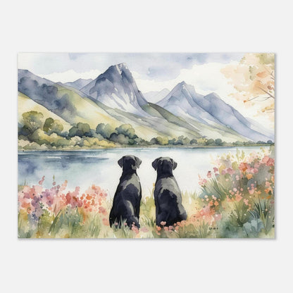 Two Black Labradors Watercolour Print, Lake & Mountain Landscape Wall Art, Fine Art Giclée Poster, Pet Memorial Gift