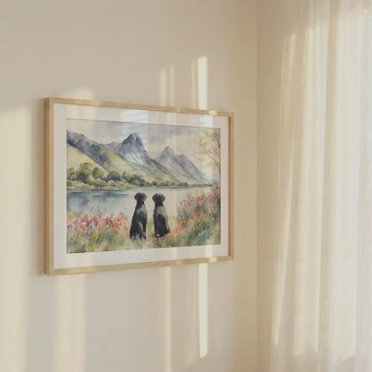 Two Black Labradors Watercolour Print, Lake & Mountain Landscape Wall Art, Fine Art Giclée Poster, Pet Memorial Gift