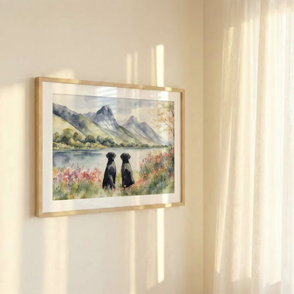 Two Black Labradors Watercolour Print, Lake & Mountain Landscape Wall Art, Fine Art Giclée Poster, Pet Memorial Gift