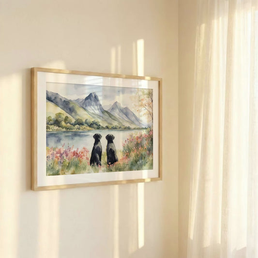 Two Black Labradors Watercolour Print, Lake & Mountain Landscape Wall Art, Fine Art Giclée Poster, Pet Memorial Gift